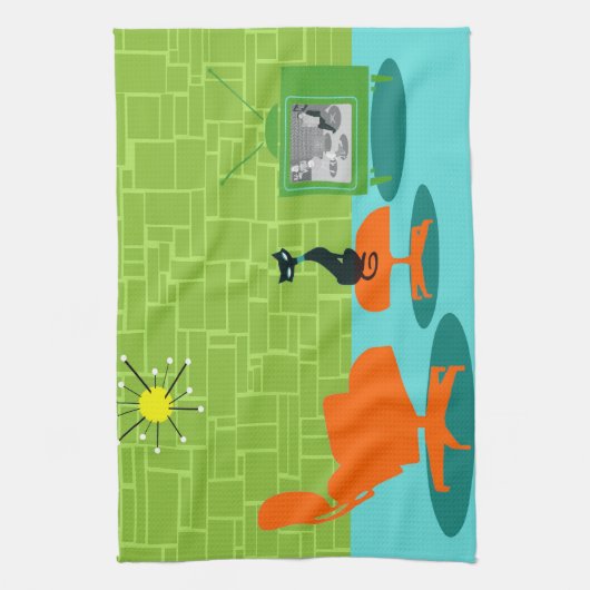 レトロの宇宙時代の子猫の台所タオル キッチンタオル (縦)