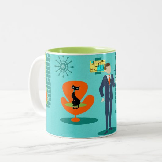 レトロの宇宙時代の漫画のカップルのコーヒー・マグ ツートーンマグカップ (正面左)