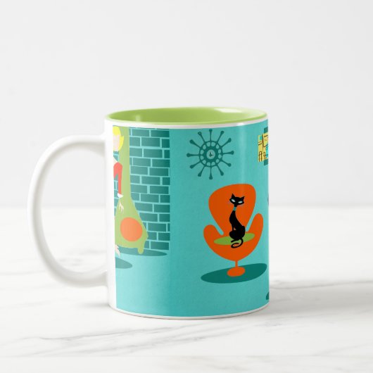 レトロの宇宙時代の漫画のカップルのコーヒー・マグ ツートーンマグカップ (左)