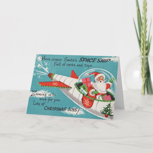 レトロの宇宙船のサンタのクリスマスカード シーズンカード (正面)