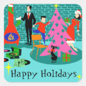 レトロの家族がクリスマスツリーのシールをトリミング スクエアシール (正面)