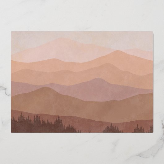 レトロの山々写真の結婚式の日付を保存 箔招待状 (裏面)