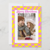 レトロの市松模様に波状ピンクの黄色の写真クリスマス シーズンカード (正面)