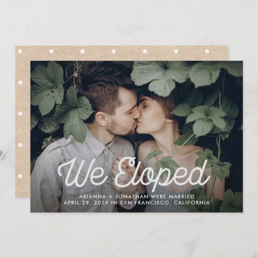 レトロの文字|私達は写真結婚式の駆け落ちしました 案内状 (正面/裏面)