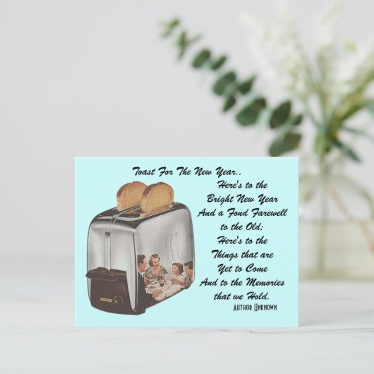 レトロの新年のしゃれの郵便はがきのヴィンテージのトーストトースター シーズンポストカード (スタンド正面)