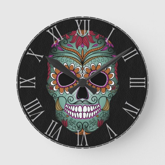 レトロの日のデッド糖スカルオンレザー ラウンド壁時計 (正面)