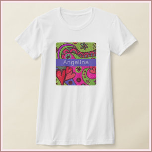 レトロの明るいハートと数々の花色 Tシャツ