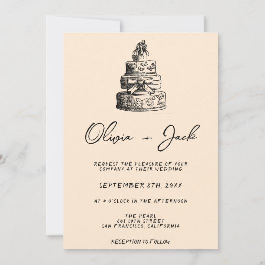 レトロの書手描ケーキの写真予測できなの結婚写真 招待状 (裏面)