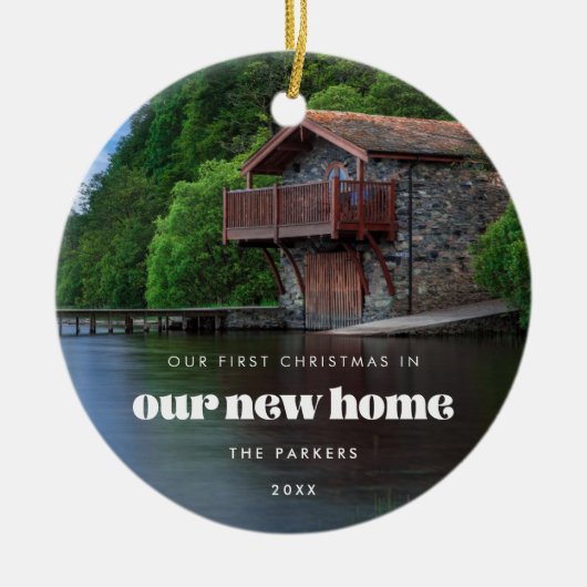 レトロの最初のクリスマスの新しい家の写真 セラミックオーナメント (正面)