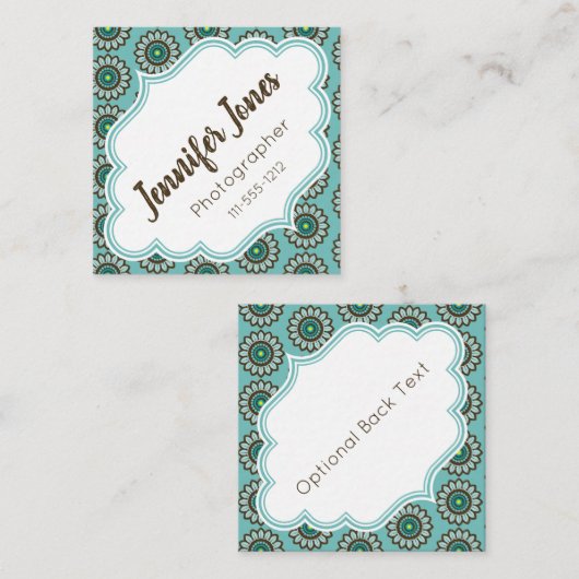 レトロの様式化されたティール(緑がかった色)の花の正方形の名刺 スクエア名刺 (正面/裏面)