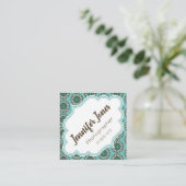 レトロの様式化されたティール(緑がかった色)の花の正方形の名刺 スクエア名刺 (スタンド正面)