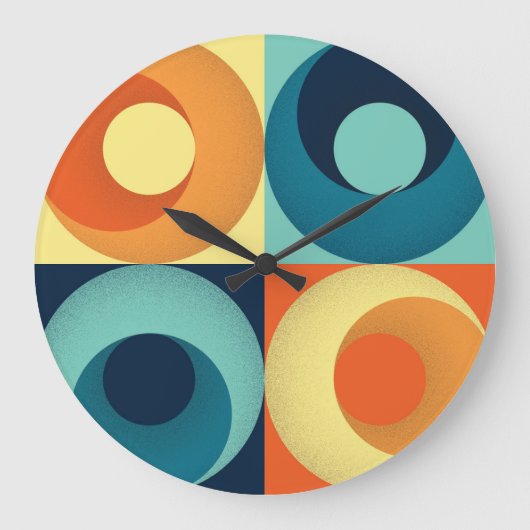 レトロの正方形と円： 1960sパターン ラージ壁時計 (正面)
