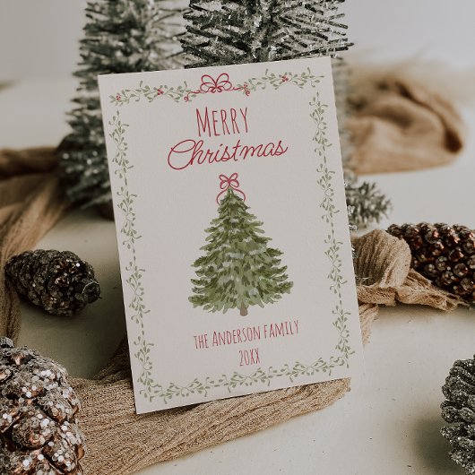 レトロの水の色レッドグリーンクリスマスボウツリー シーズンカード