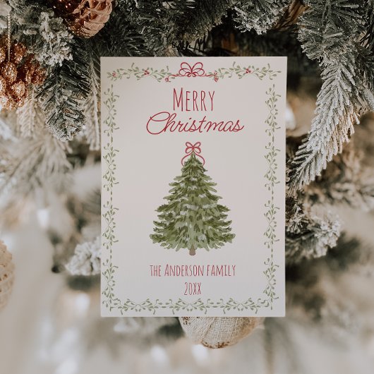 レトロの水の色レッドグリーンクリスマスボウツリー シーズンカード