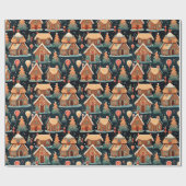 レトロの水色ジンジャーブレッドクリスマスハウス ラッピングペーパー (フラット)