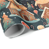 レトロの水色ジンジャーブレッドクリスマスハウス ラッピングペーパー (ロールコーナー)