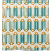 レトロの波と花，ティール（緑がかった色），アクア，オレンジ シャワーカーテン (正面)