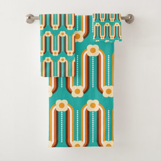 レトロの波と花，ティール（緑がかった色），オレンジ，チョコレート バスタオルセット (インサイチュ)