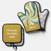 レトロの波形の青と黄金色の色のパターン 鍋つかみ&鍋敷きセット (正面/裏面)