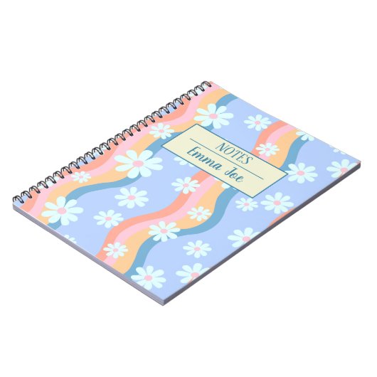 レトロの波状のデイジーパーソナライズされたの花の名前 ノートブック (左側)