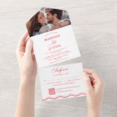 レトロの波状の曲線(ピンクと赤の波状結婚) オールインワン招待状 (貼ってはがせる)