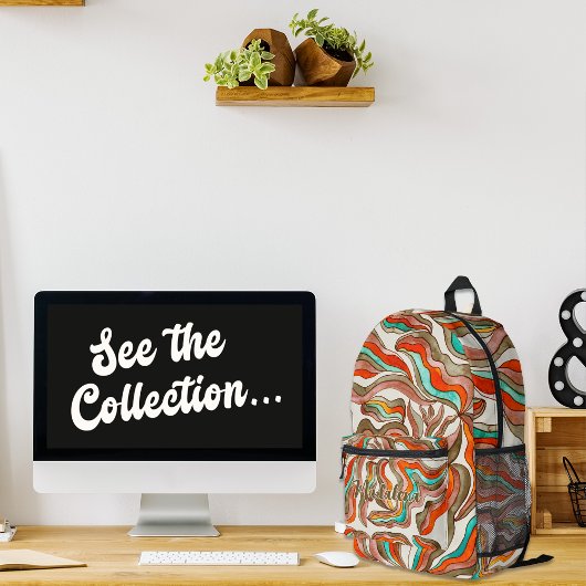 レトロの波状ストライプピンク焦げオレンジ色モノグラム名 プリントバックパック