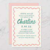 レトロの波状ピンクと緑の手書きブライダルシャワー 招待状 (正面/裏面)