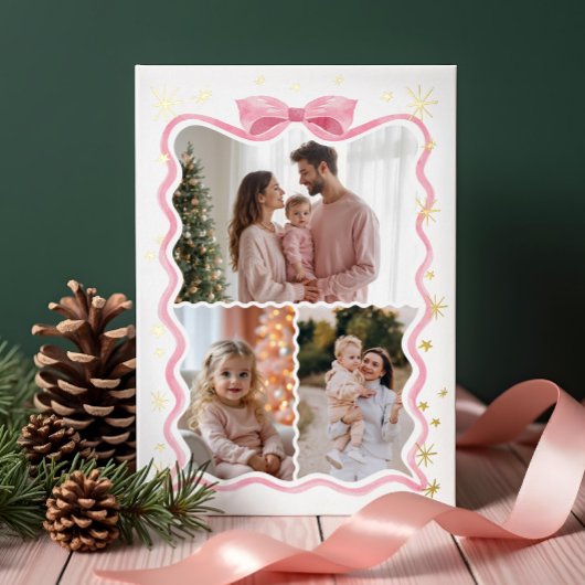 レトロの波状ピンクのリボンと星の写真コラージュ 箔シーズンカード