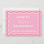 レトロの波状ピンクの赤い写真の花嫁の提案 招待状 (正面)