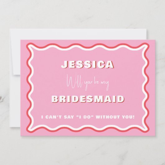 レトロの波状ピンクの赤い写真の花嫁の提案 招待状 (正面)