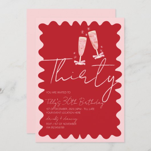 レトロの波状ピンク赤30歳の誕生日パーティー 招待状 (正面/裏面)