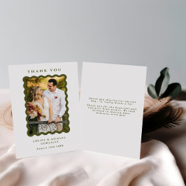 レトロの波状フレームのフォトグリーンと白結婚色 サンキューカード