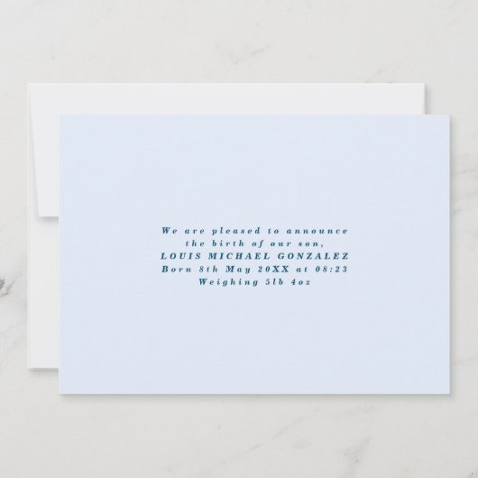 レトロの波状フレーム写真の青い誕生のお知らせ 案内状 (裏面)