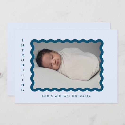 レトロの波状フレーム写真の青い誕生のお知らせ 案内状 (正面/裏面)