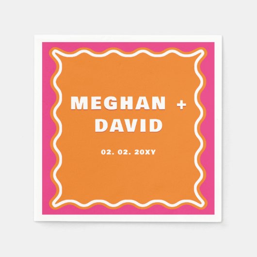 レトロの波状曲線ピンク結婚オレンジ スタンダードカクテルナプキン (正面)