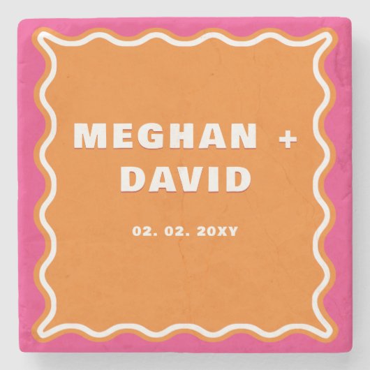 レトロの波状曲線ピンク結婚オレンジ ストーンコースター (正面)