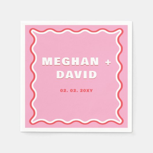 レトロの波状曲線ピンク結婚レッド スタンダードカクテルナプキン (正面)