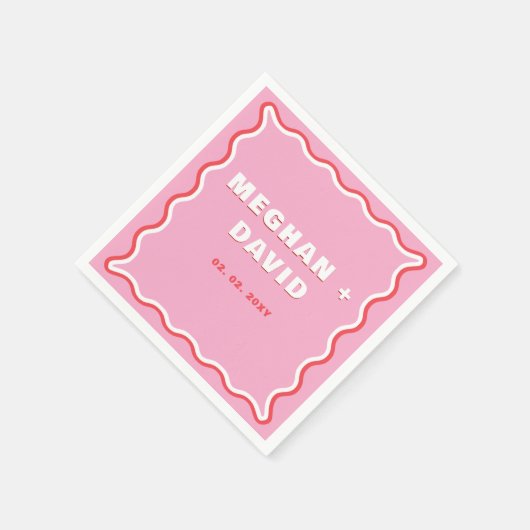 レトロの波状曲線ピンク結婚レッド スタンダードカクテルナプキン (角)