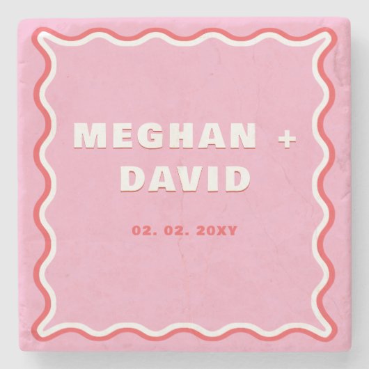 レトロの波状曲線ピンク結婚レッド ストーンコースター (正面)