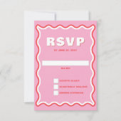 レトロの波状曲線ピンク結婚レッド 出欠カード (正面)
