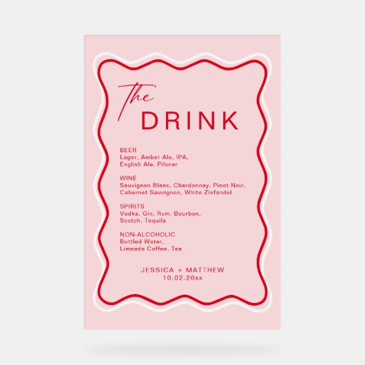 レトロの波状枠の赤とピンク結婚のバー アクリルサイン (正面)