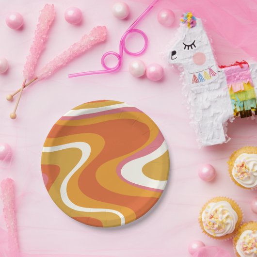 レトロの液体渦巻き模様（オレンジピンクマスタード） ペーパープレート (パーティー)