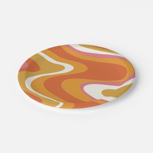 レトロの液体渦巻き模様(オレンジピンクマスタード) ペーパープレート (アングル)