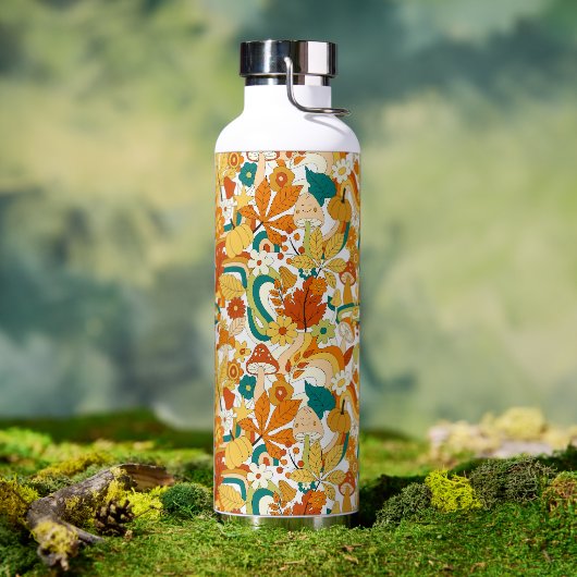 レトロの溝型キノコ花模様 ウォーターボトル (アウトドア)