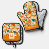 レトロの溝型キノコ花模様 鍋つかみ&鍋敷きセット (正面/裏面)