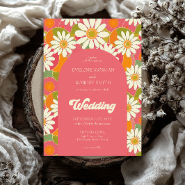 レトロの溝深いオレンジ色のピンクと白 招待状