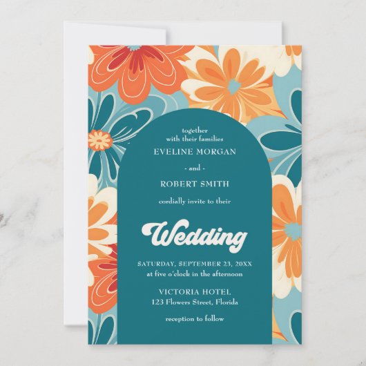 レトロの溝深いオレンジ色の黄色と青の花のアーチ 招待状 (正面)