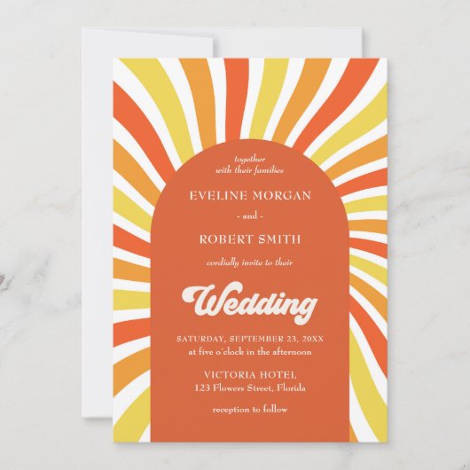 レトロの溝状の波オレンジ色の黄色い結婚太陽 招待状 (正面)