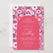 レトロの溝状の熱いピンクと白い花 招待状 (正面)