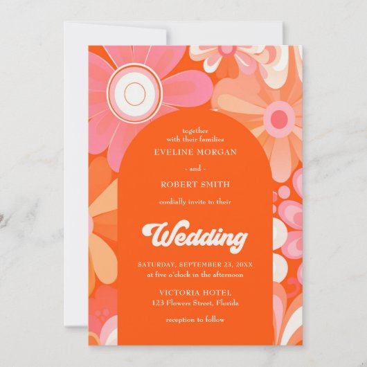 レトロの溝状オレンジ色の黄色とピンクの花 招待状 (正面)